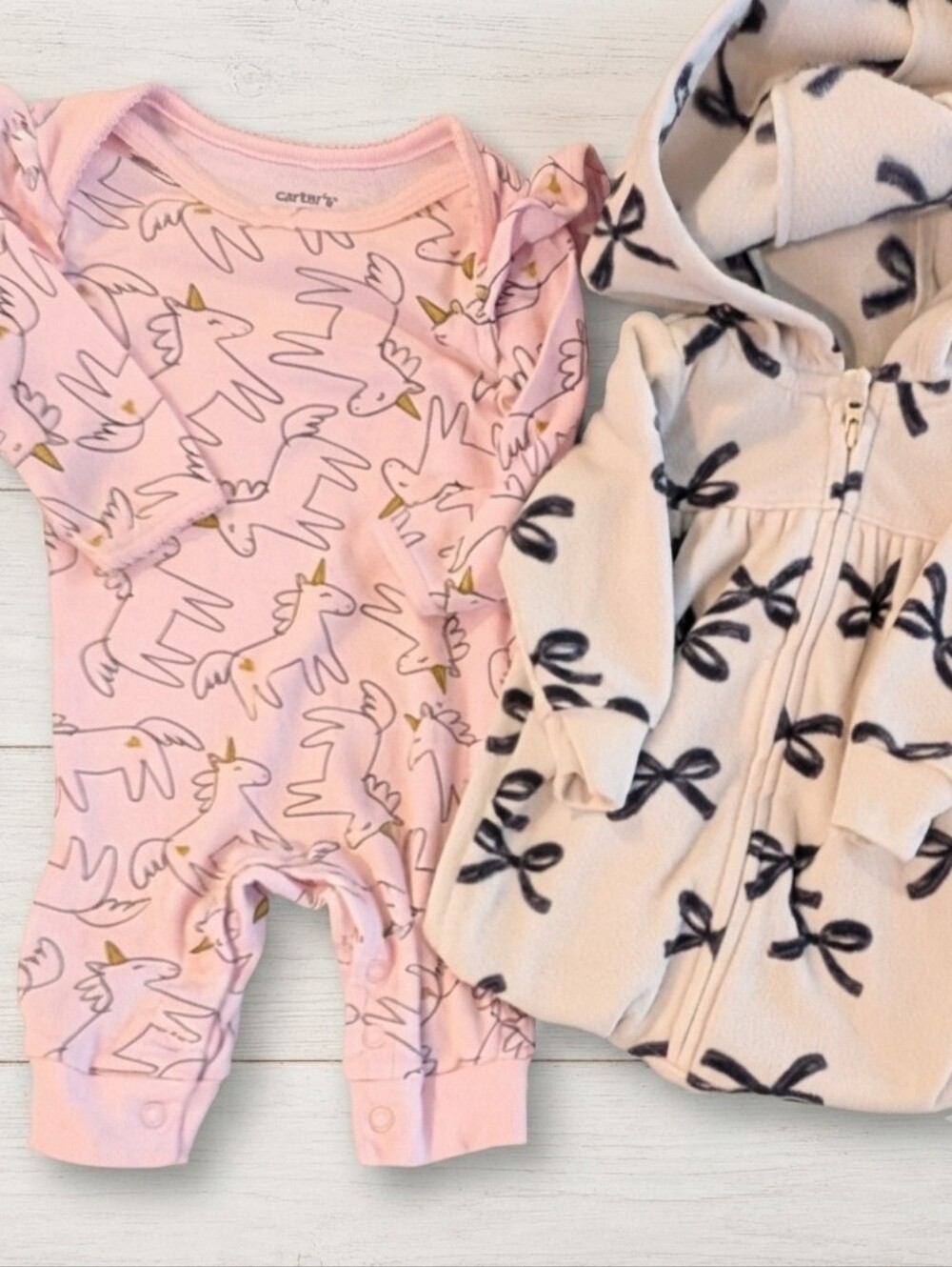 Carter's 3M Pink Unicorn One Piece and Cream Bow Hoodie Set